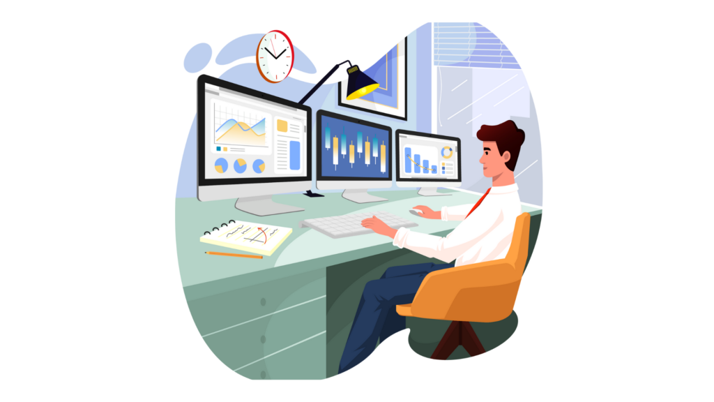 Aptic Consulting- A man sits at a desk in a modern office, analyzing data on multiple monitors that display graphs and dashboards