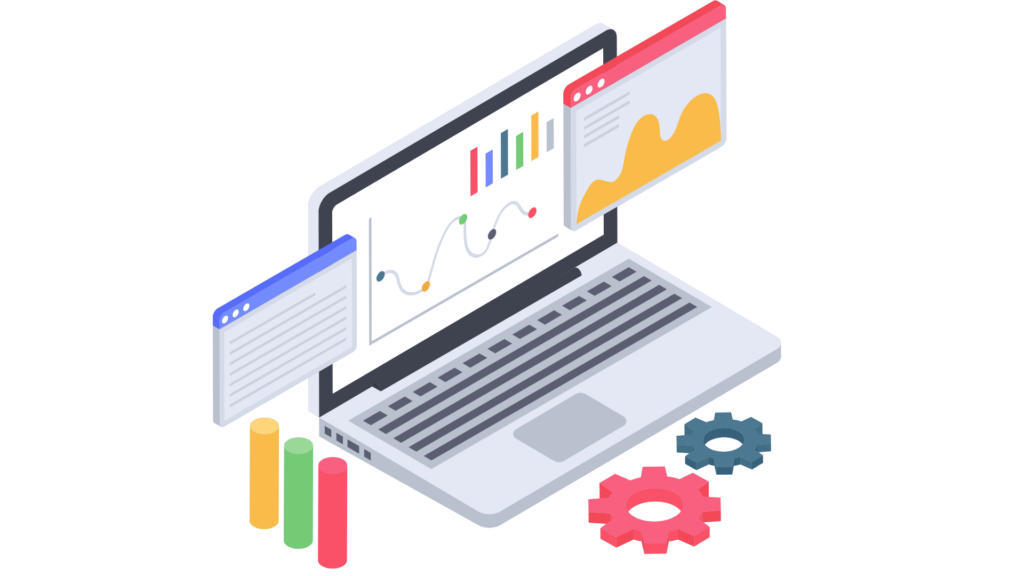 Aptic Consulting - A laptop displaying analytics dashboards, charts, and graphs, with data visualization elements and gears symbolizing optimization.